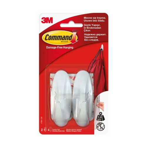 Куки за окачване 3М Command™ 17081-CEE, Medium, 80x29x30 мм, 2 куки, 4 ленти, бели