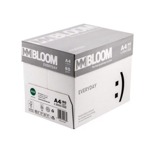 Копирна хартия Bloom Essential, А4, 80 г, бяла, CIE белота 146, PEFC, кашон 5 пакета х 500 л.