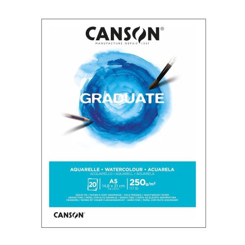 Скицник CANSON GRADUATE Aquarelle, за акварелни бои, A5, 250 г/кв.м, cold pressed, 20 л.