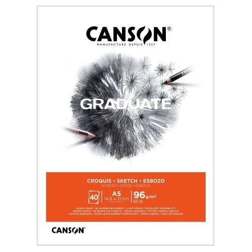 Скицник CANSON GRADUATE Croquis, за моливи и въглен, A5, 96 г/кв.м, light grain, 40 л.