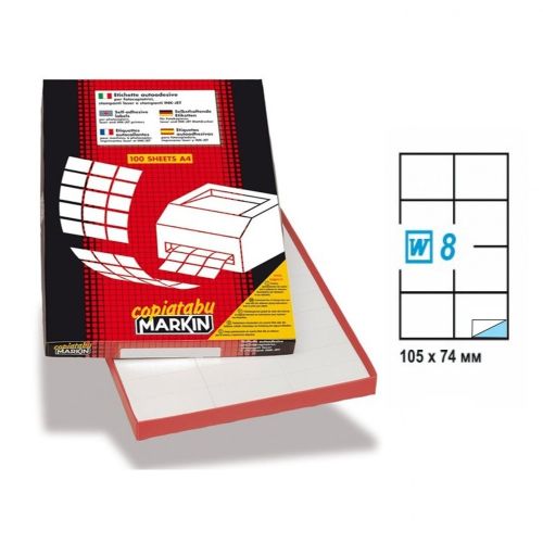 Самозалепващи етикети MARKIN Laser/Copier/Inkjet, бели, А4, 105х74 мм, 8 бр./л., 100л.