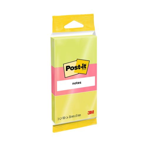 Самозалепващи листчета Post-it, 38х51 мм, 3х100 л., микс, неонови, PEFC хартия
