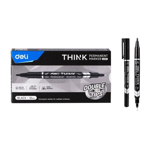 Двувърх перманентен маркер Deli think EU211-BK, 0.5 мм/1 мм, черен