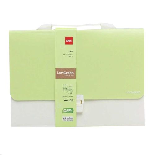 Чанта за документи Deli LonGreen, EF627, 13 отделения и индекси, PP, зелена