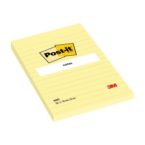 Самозалепващи листчета линирани, Post-it Large, 101х152 мм, 100 л., пастелно жълти, PEFC хартия
