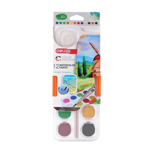 Акварелни бои Deli Color Emotion EC10-12, ф 28 мм, ф 40 мм бял цвят, 12 цвята + четка 1
