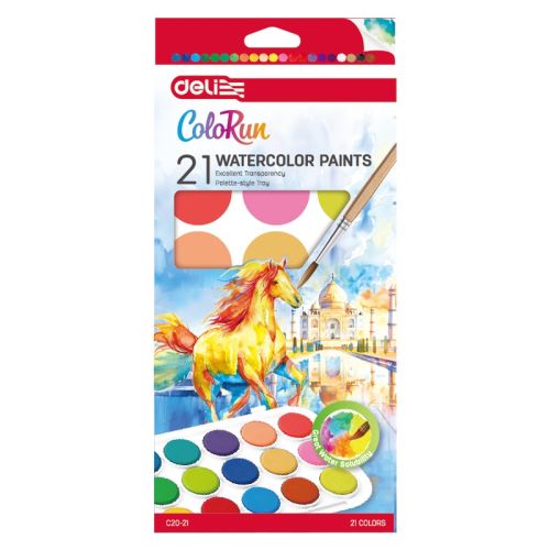 Акварелни бои Deli ColoRun EC20-21, ф 28 мм, 21 цвята + четка 1