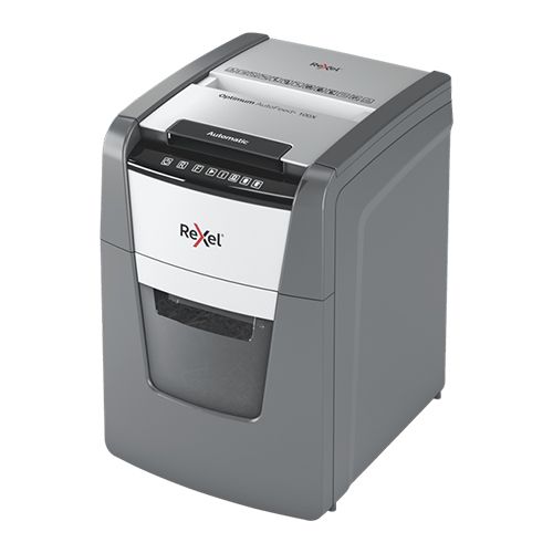 Автоматичен шредер за хартия Rexel Optimum AutoFeed+100X, (P-4), Cross Cut, 34 л, 1-2 потребители — Joya.bg 1