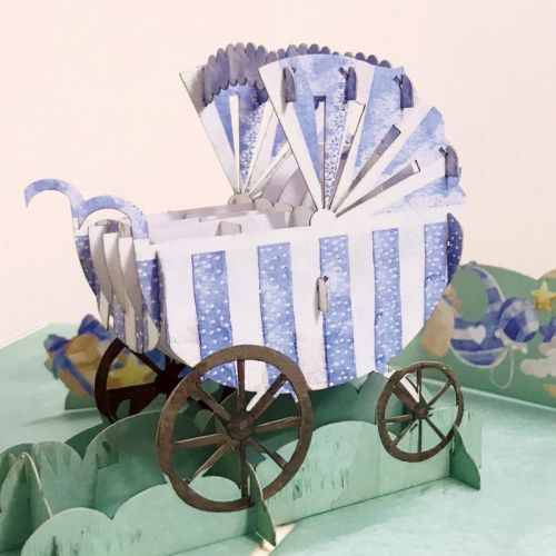 3D Pop-up поздравителна картичка Origami за раждане на момче, синя количка, 120 х 170 мм