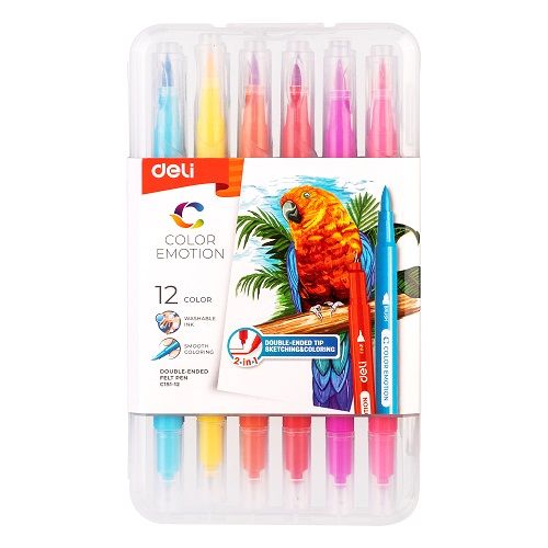 Двувърхи флумастери Deli Color Emotion EC151-12, четка и тънкописец, 12 цвята — Joya.bg 1