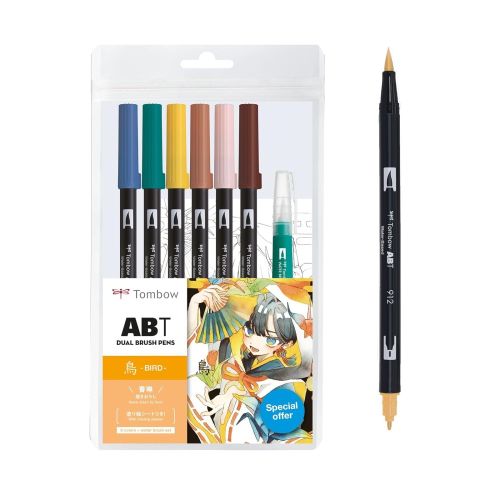 Двувърхи маркери Tombow ABT Dual Brush MANGA BIRD, объл връх и четка, 6 цвята + четка и макет — Joya.bg 1