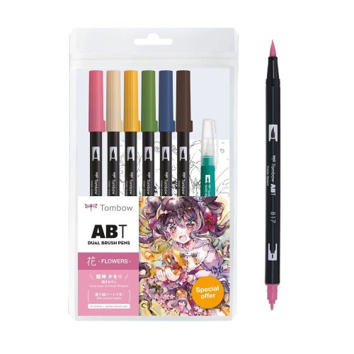 Двувърхи маркери Tombow ABT Dual Brush MANGA FLOWERS, объл връх и четка, 6 цвята + четка и макет — Joya.bg 1