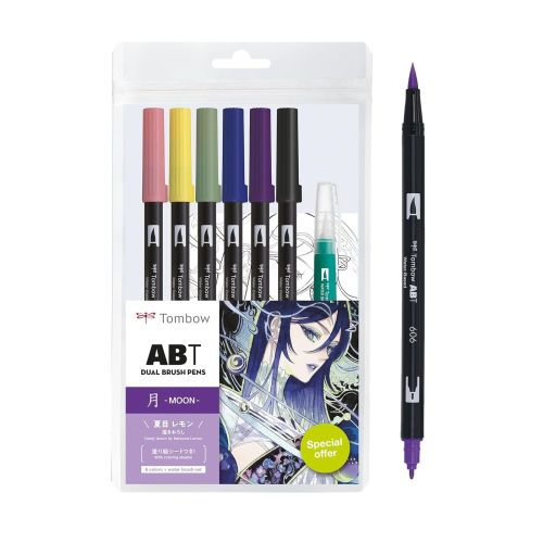 Двувърхи маркери Tombow ABT Dual Brush MANGA MOON, объл връх и четка, 6 цвята + четка и макет — Joya.bg 1