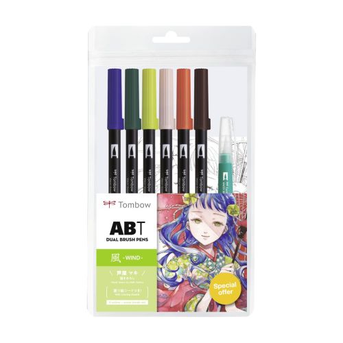 Двувърхи маркери Tombow ABT Dual Brush MANGA WIND, объл връх и четка, 6 цвята + четка и макет — Joya.bg 1
