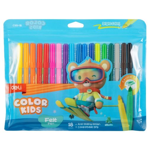 Флумастери Deli Color Kids EC161-18, връх 5 мм, 18 цвята, PVC опаковка 4
