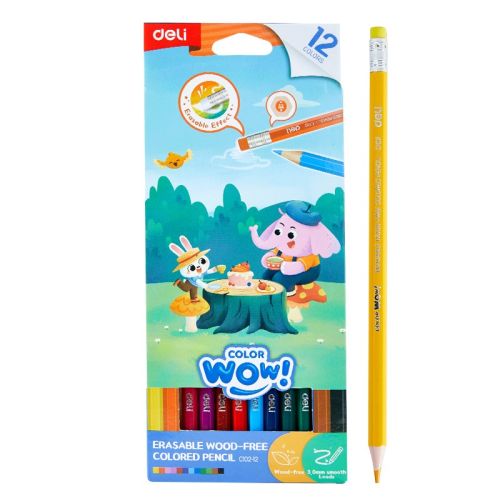 Изтриваеми цветни моливи Deli Color wow! EC102-12, с гума, шестоъгълно тяло, 12 цвята 4