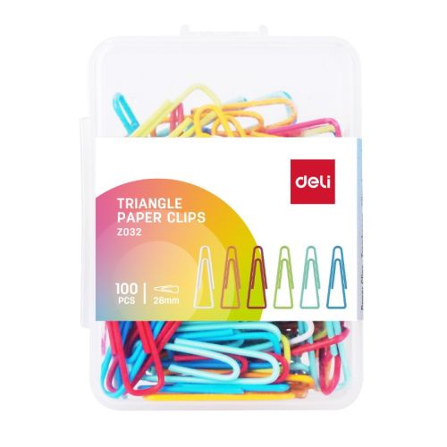 Кламери Deli 28 мм, EZ032, цветни, триъгълни, метал+PVC, кутия 100 бр. — Joya.bg 1