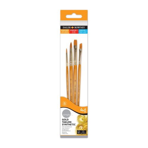 Комплект четки за рисуване DALER-ROWNEY Simply Gold Taklon, изк. косъм, обли №1, 5, плоски № 8, 1/4 — Joya.bg