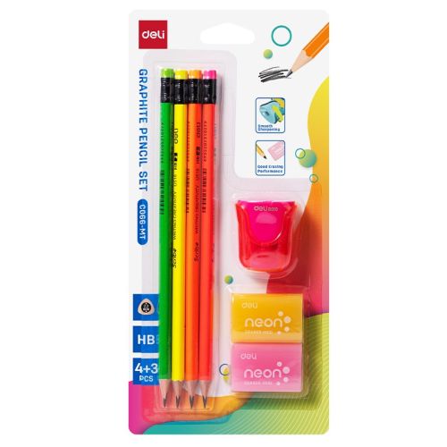 Комплект моливи с гума Deli Neonup ECO66-MT, 4 бр.HB, 2 бр. гуми 39x27x12 мм, 1 бр. острилка с конт. 1
