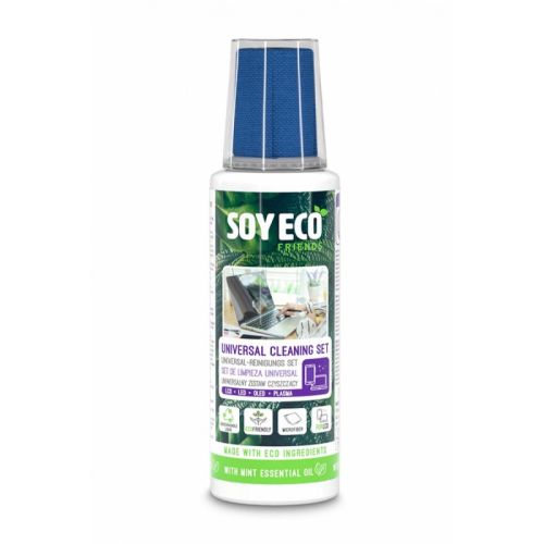Комплект за почистване на екрани SOYECO , микрофибърна кърпа 200х200 мм и екологичен спрей 250 мл — Joya.bg