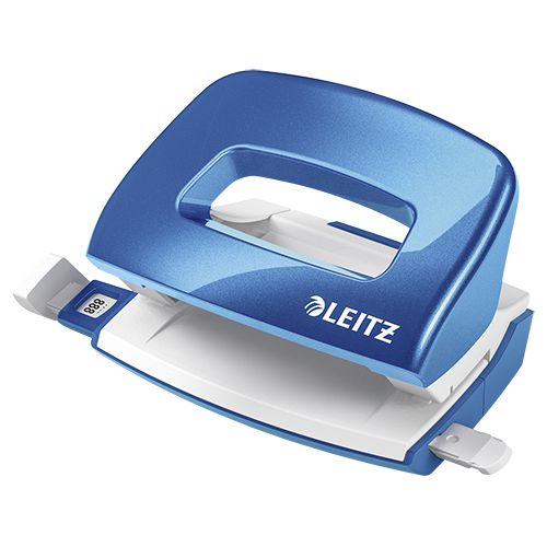 Перфоратор LEITZ WOW, за 10 л.(80 г), с ограничител, 100x70x81 мм, пластмаса + метал, син металик — Joya.bg 1