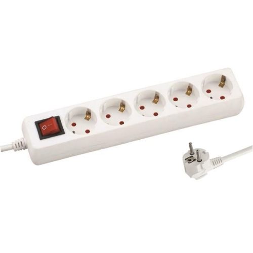 Разклонител Eurolamp, 5 гнезда с ключ, защита за деца, 1.5 м, бял