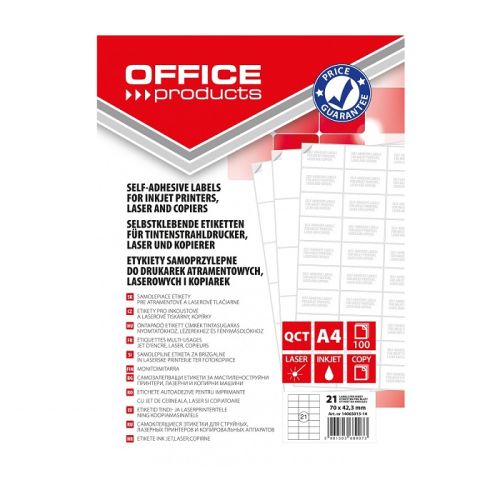 Самозалепващи етикети OFFICE PRODUCTS Laser/Copier/Inkjet, бели, А4, 70х42.3 мм, 21 бр./л., 100 л. — Joya.bg