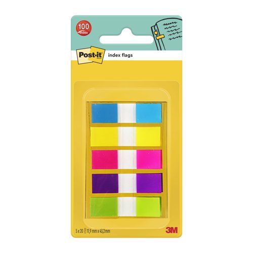 Самозалепващи индекси Post-it, PVC, 11.9x43.2 мм, 5x20 л., микс, неонови 1