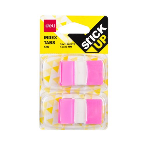 Самозалепващи индекси с диспенсър Deli Stick Up EA10001, PVC, 25х44 мм, 2х50 л., неоново розови 3