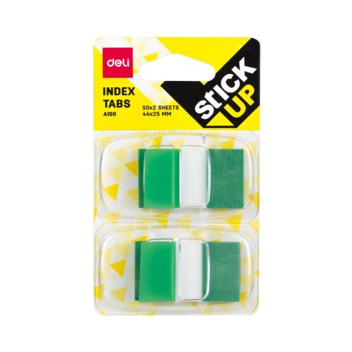 Самозалепващи индекси с диспенсър Deli Stick Up EA10001, PVC, 25х44 мм, 2х50 л., неоново зелени 3