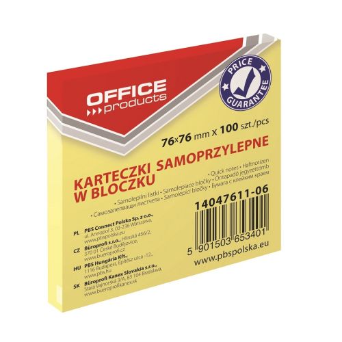 Самозалепващи листчета OFFICE PRODUCTS, 76х76 мм, 100 л., пастелно жълти