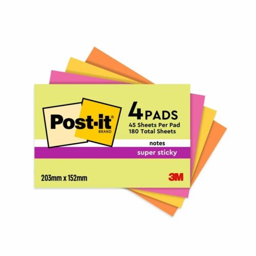 Самозалепващи листчета Post-it SuperSticky, 203х152 мм, 4x45л., микс, неонови, PEFC хартия 1