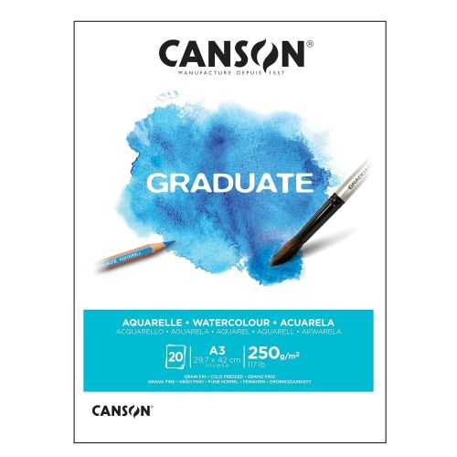 Скицник CANSON GRADUATE Aquarelle, за акварелни бои, A3, 250 г/кв.м, cold pressed, 20 л. 1