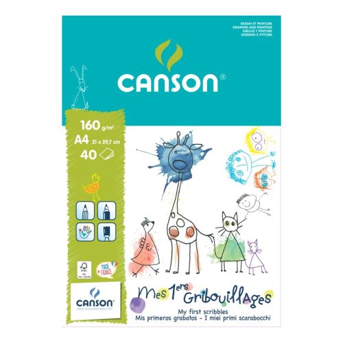 Скицник CANSON KIDS, за моливи, маркери, пастели, акварел, A4, 160 г/кв.м, light grain, 40 л. 1