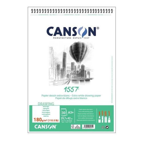 Скицник със спирала CANSON 1557, за молив, въглен, пастел, мастило, A3+,180 г/кв.м, light grain,30 л 1