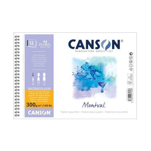 Скицник със спирала CANSON Montval, за акварелни бои, A4, 300 г/кв.м, cold pressed, 12 л. 1
