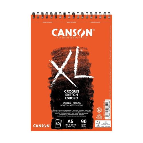 Скицник със спирала CANSON XL Croquis, за сухи техники, A5, 90 г/кв.м, fine grain, 60 л. 1