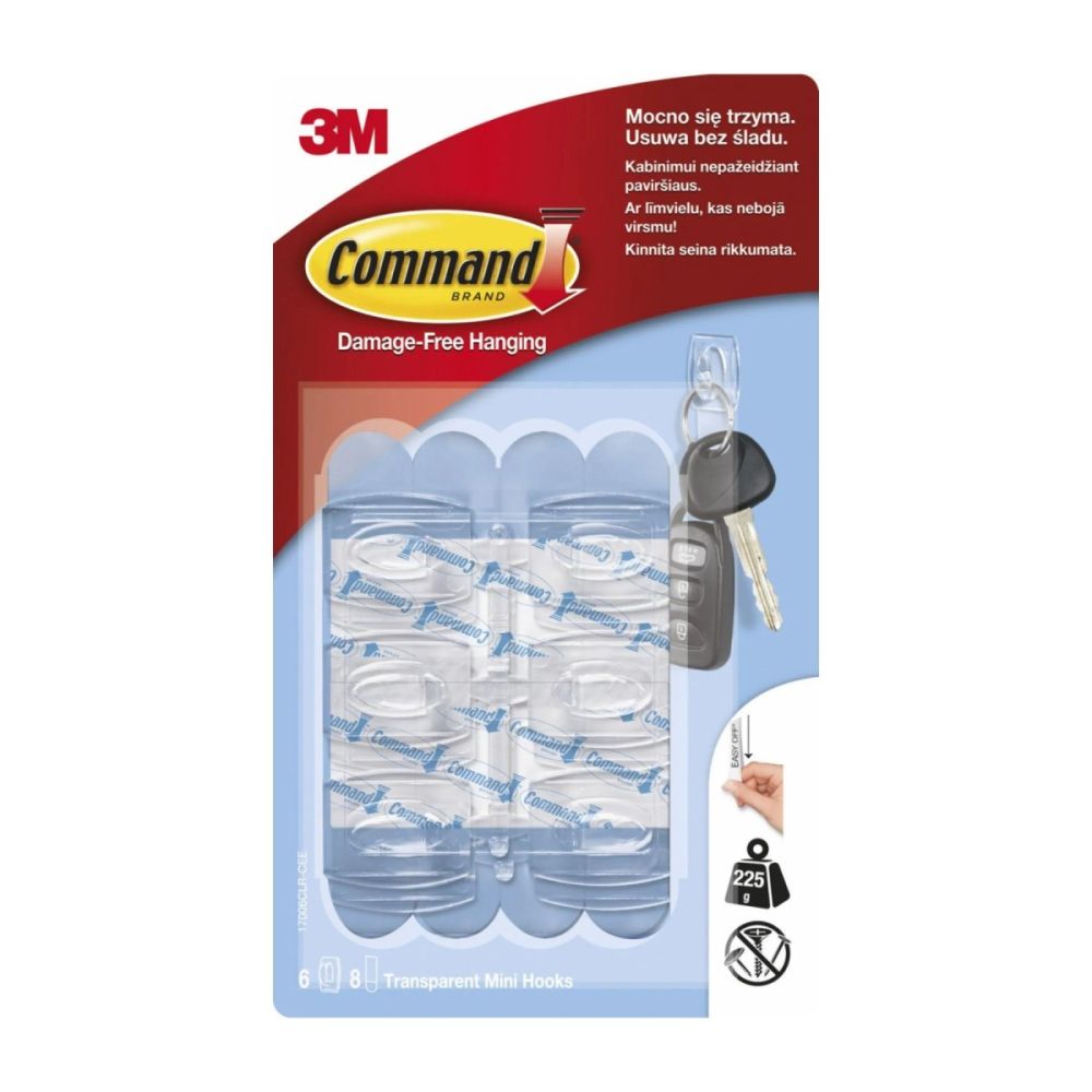 Куки за окачване 3М Command™ 17006CLR-CEE, Mini, 22x28 мм, 6 куки, 8 ленти, прозрачни