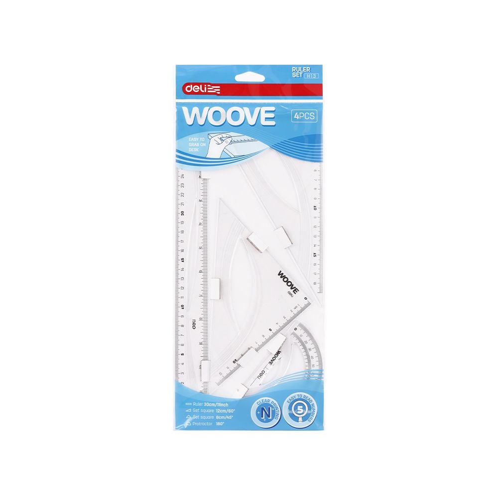 Комплект Deli Woove EH13, линия 30 см, 2 триъгълника и транспортир, сини