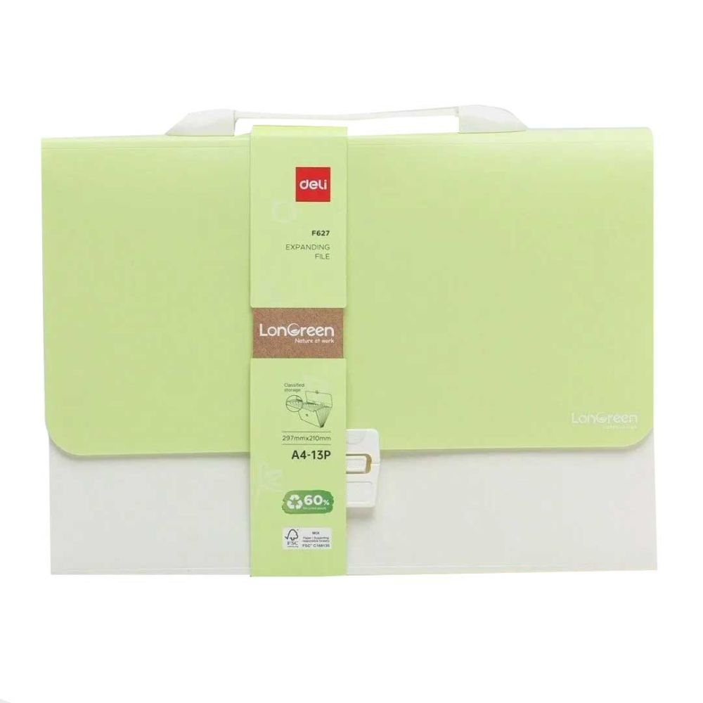 Чанта за документи Deli LonGreen, EF627, 13 отделения и индекси, PP, зелена