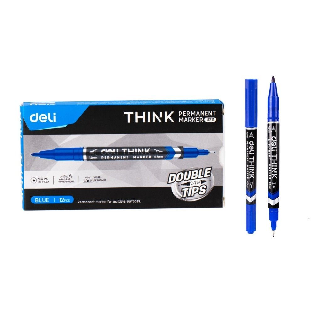 Двувърх перманентен маркер Deli think EU211-BL, 0.5 мм/1 мм, син Двувърх перманентен маркер Deli think EU211-BL, 0.5 мм/1 мм, син