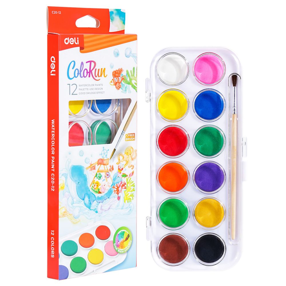 Акварелни бои Deli ColoRun EC20-12, ф 28 мм, 12 цвята + четка