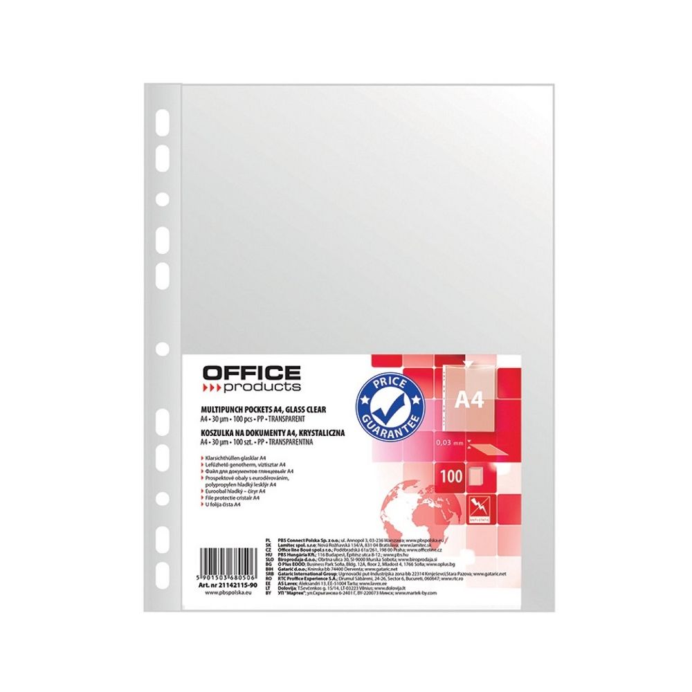 Джоб с европерфорация OFFICE PRODUCTS, A4, РР 30 mic, кристал, 100 бр.