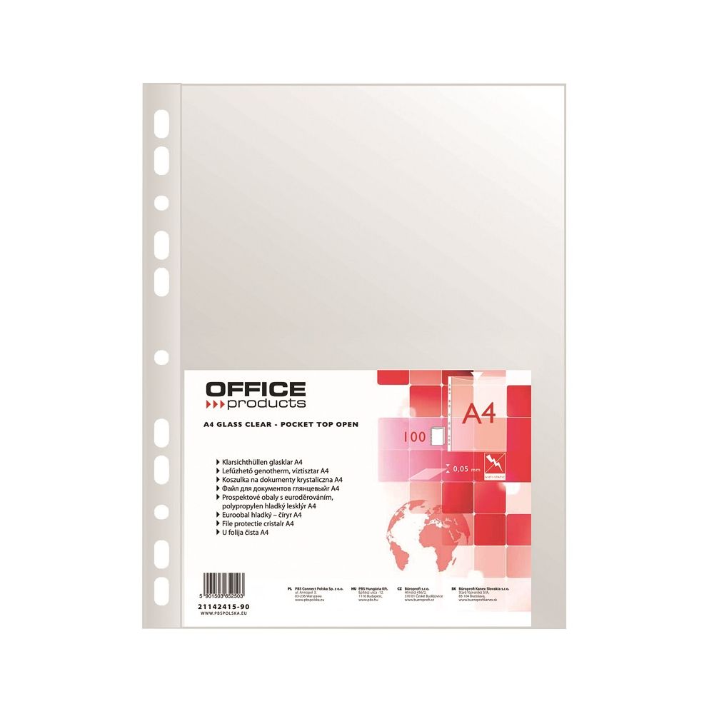 Джоб с европерфорация OFFICE PRODUCTS, A4, РР 50 mic, кристал, 100 бр.