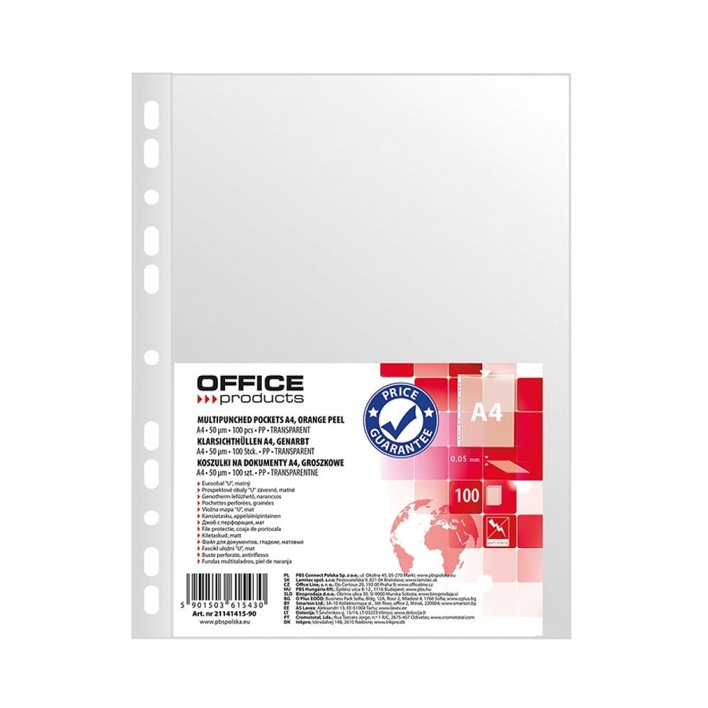 Джоб с европерфорация OFFICE PRODUCTS, A4, РР 50 mic, мат, 100 бр.