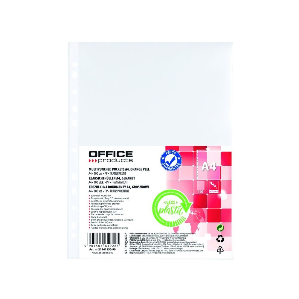 Джоб с европерфорация OFFICE PRODUCTS Eco, A4, РР 30 mic, мат, 100 бр.