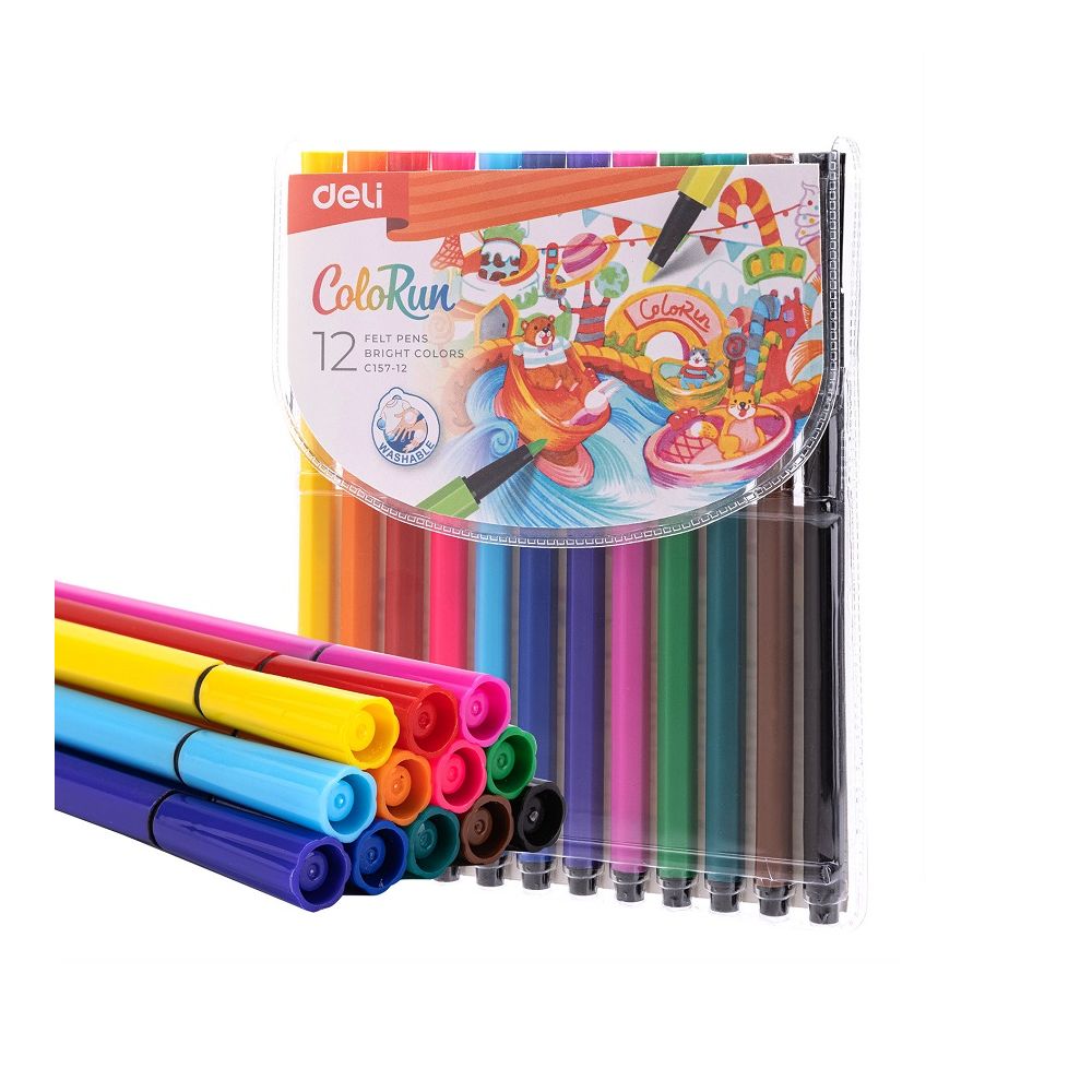 Флумастери Deli ColoRun EC157-12, 12 цвята, PVC опаковка