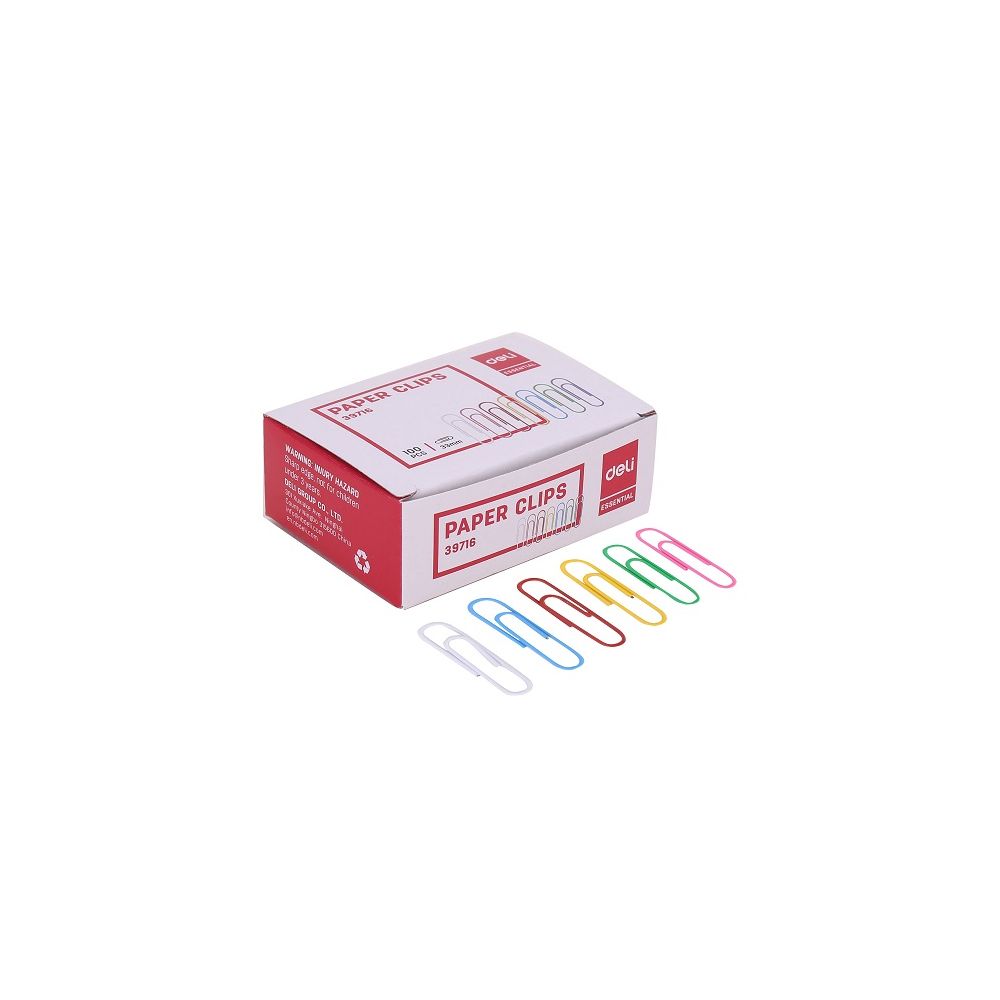 Кламери Deli Essential 33 мм, E39716, цветни, заоблен връх, метал+PVC, кутия 100 бр.