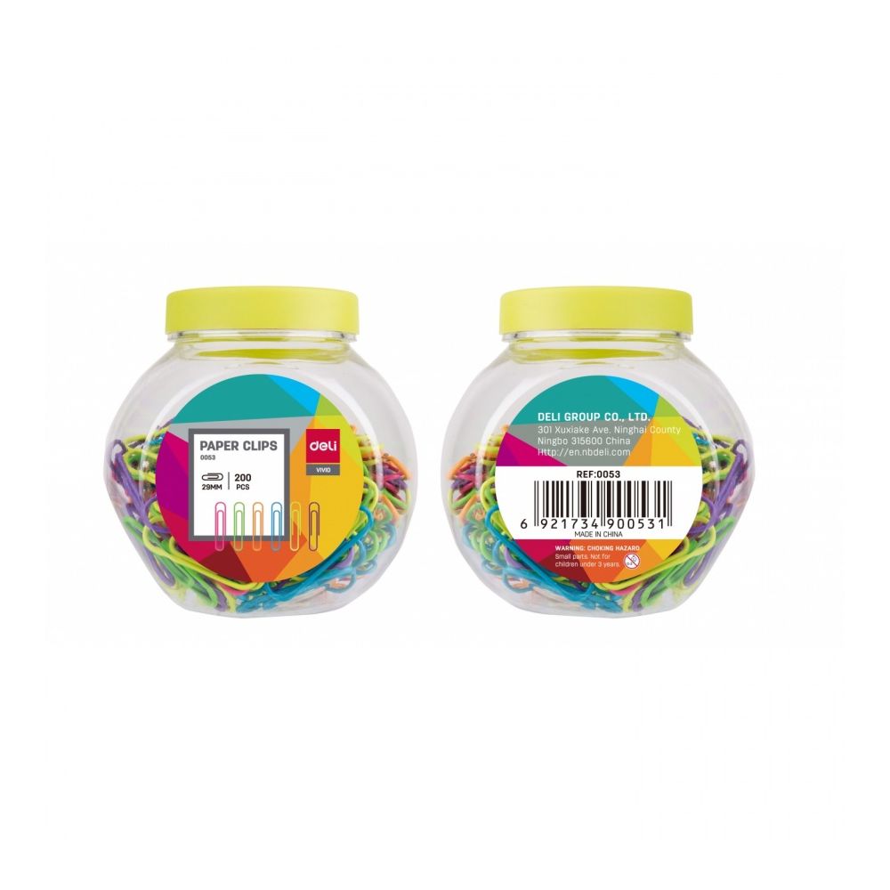 Кламери Deli Vivid 29 мм, E0053, цветни, заоблен връх, метал+PVC, бурканче 200 бр. 