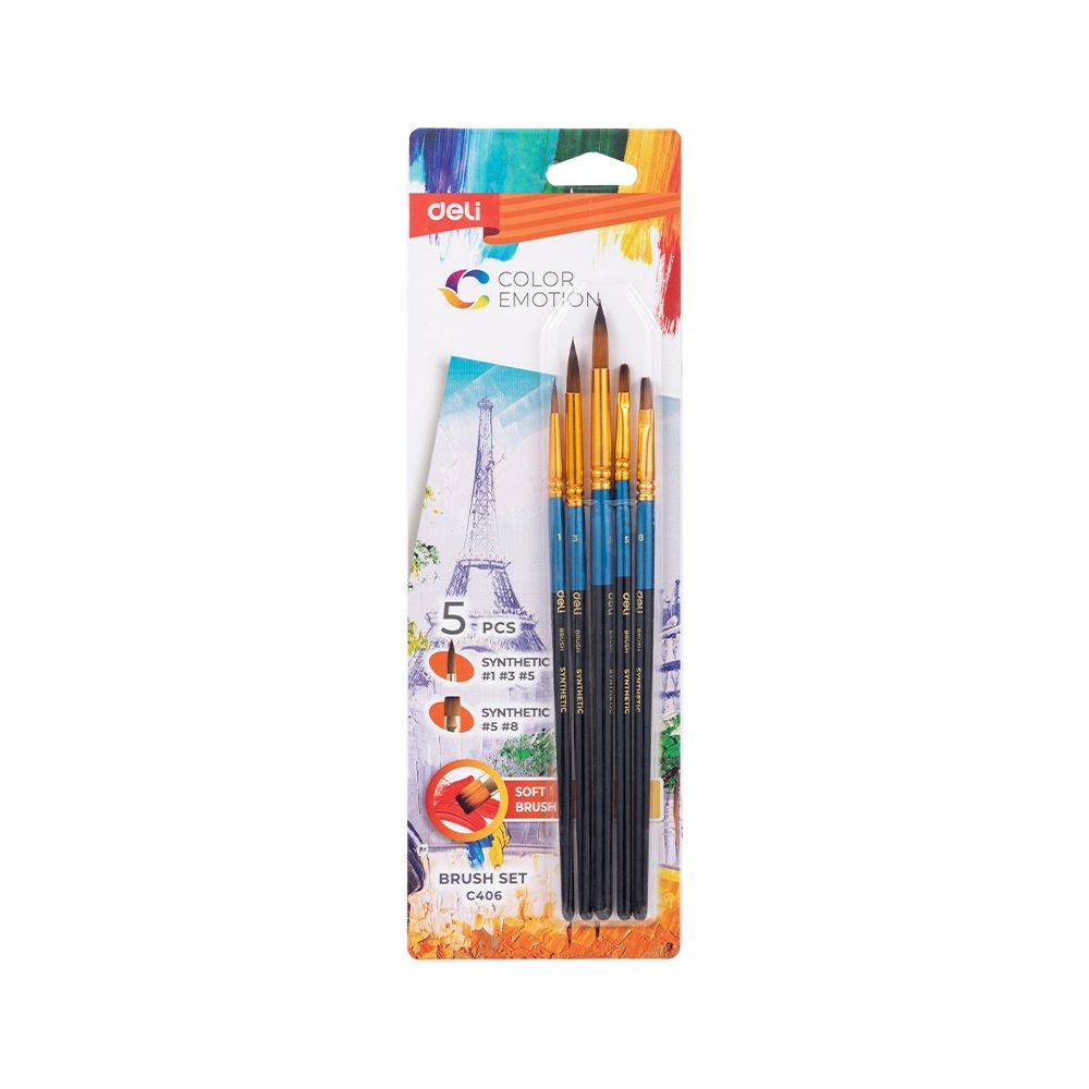 Комплект четки за рисуване Deli Color Emotion EC406, изкуствен косъм, обли №1, 3, 5, плоски №5, 8